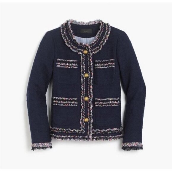 J Crew Lady Jacket Blazer Liberty London Floral Trim Tweed Navy Womens 0 - Picture 3 of 11